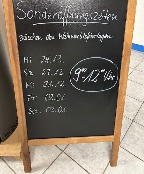 Sonderöffnungszeiten zwischen den Feiertagen!